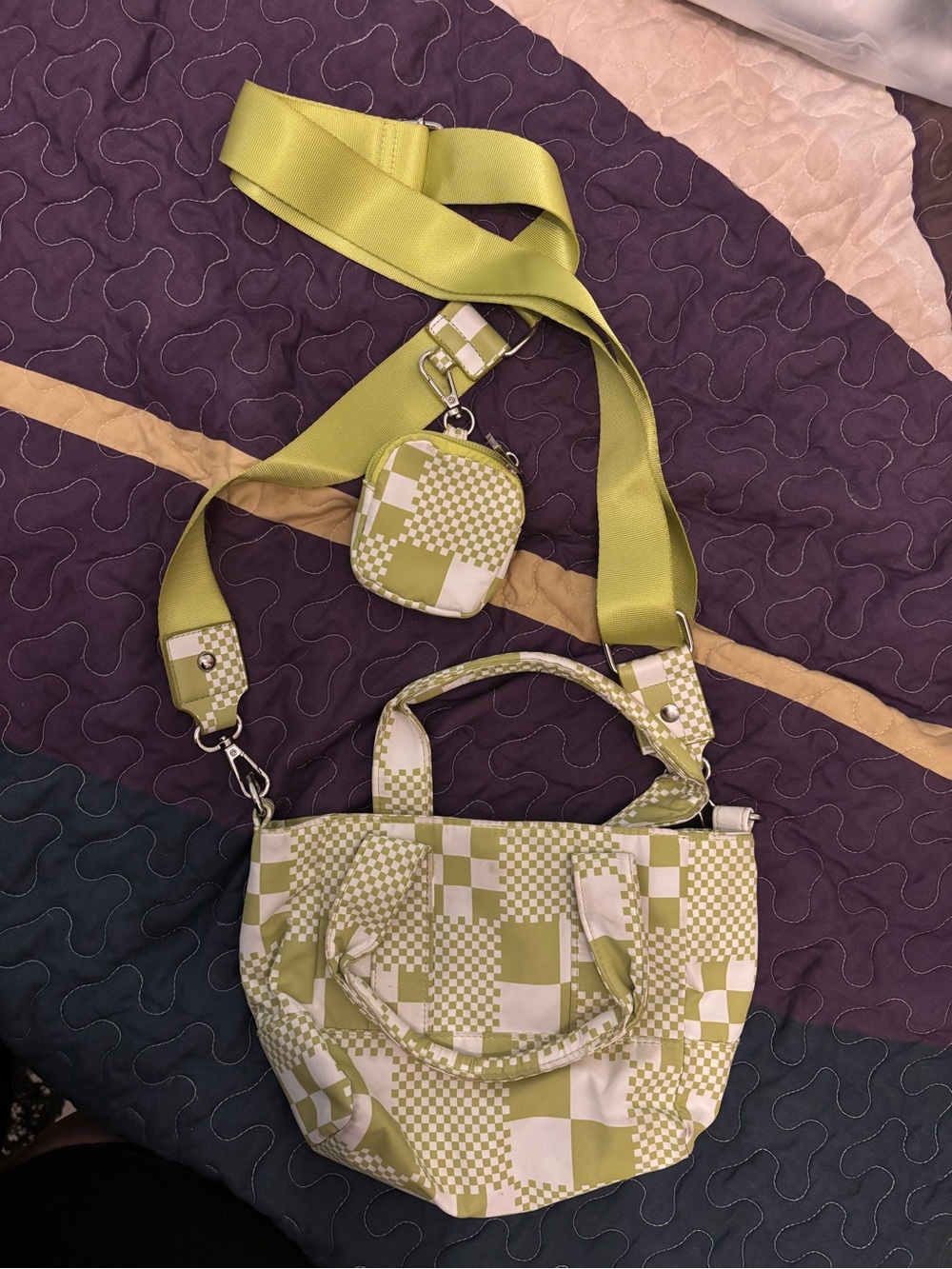 SO Lime Green Checkerboard Crossbody Bag with Removable Strap